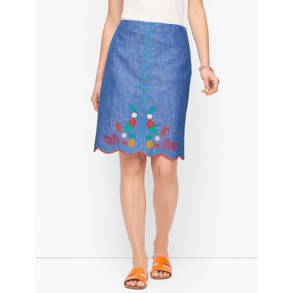 Talbots Dresses & Skirts - Talbots Size 12 Blue A Line Skirt Embroidered Tropical Linen Cotton Floral